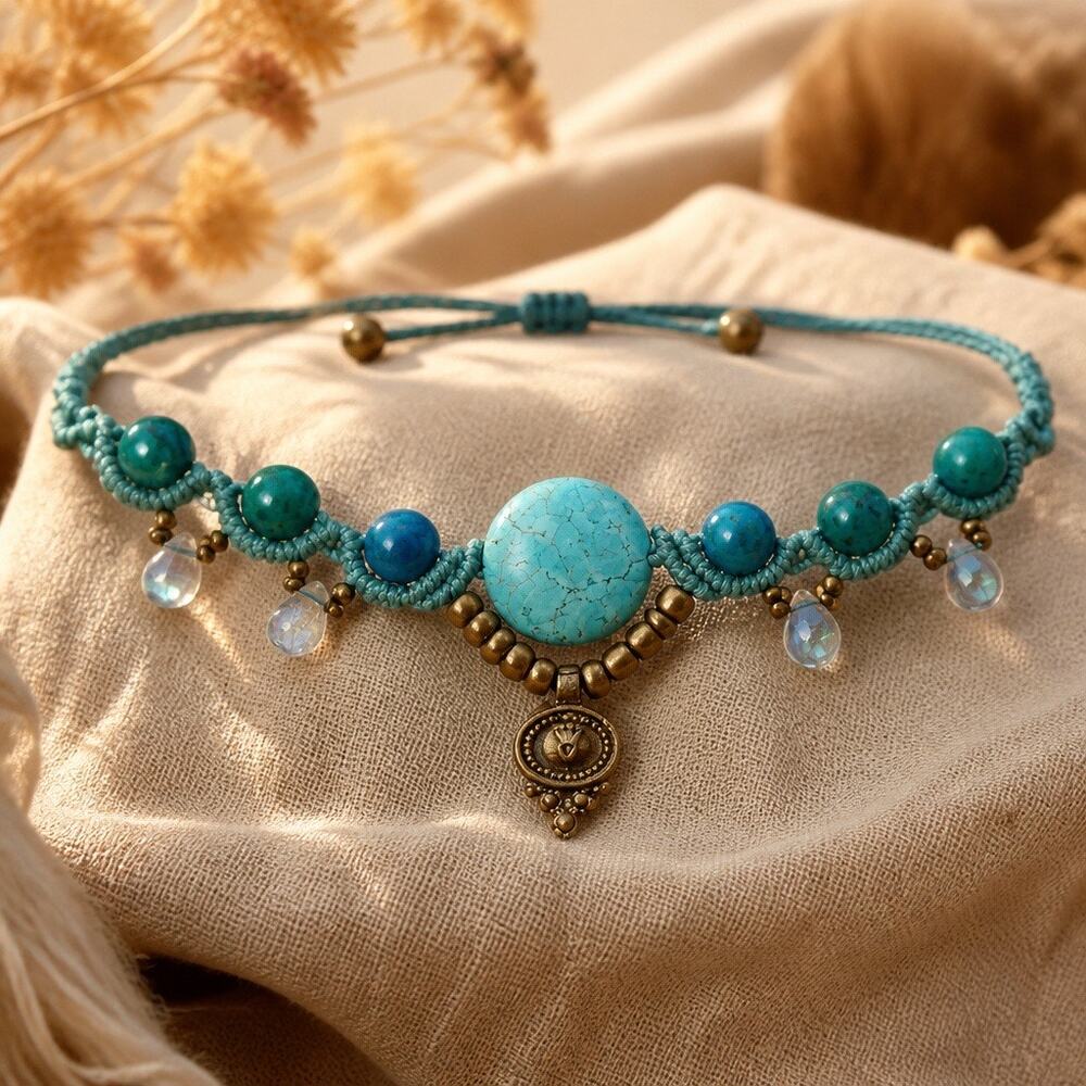 Handcrafted Natural Turquoise and Gold Beaded Choker